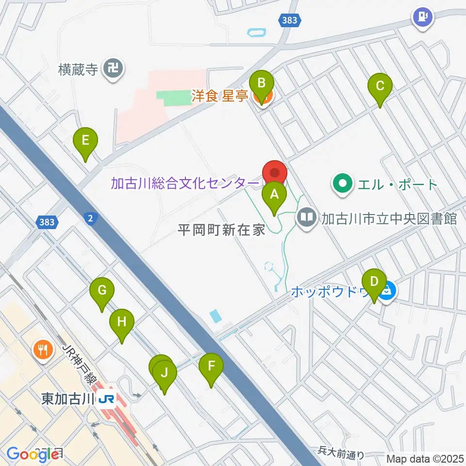 加古川総合文化センター周辺のファミレス・ファーストフード一覧地図