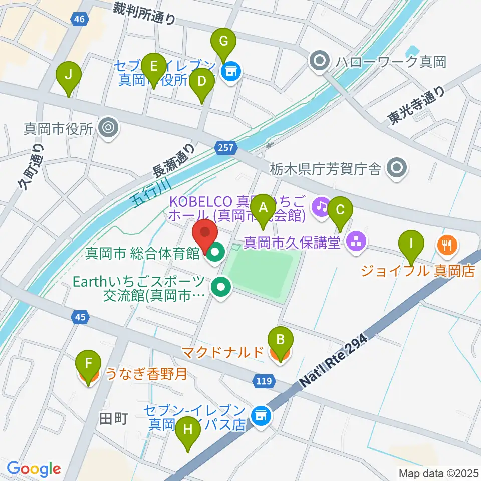真岡トクシン総合体育館周辺のファミレス・ファーストフード一覧地図