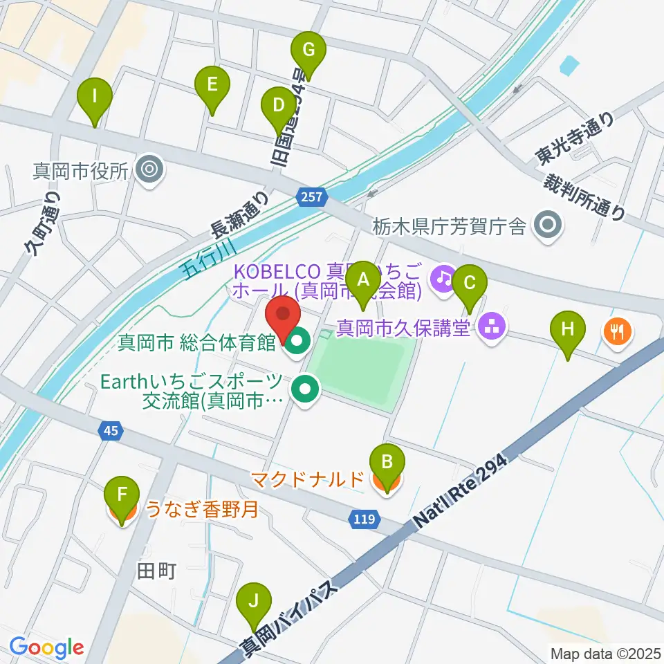 真岡トクシン総合体育館周辺のファミレス・ファーストフード一覧地図