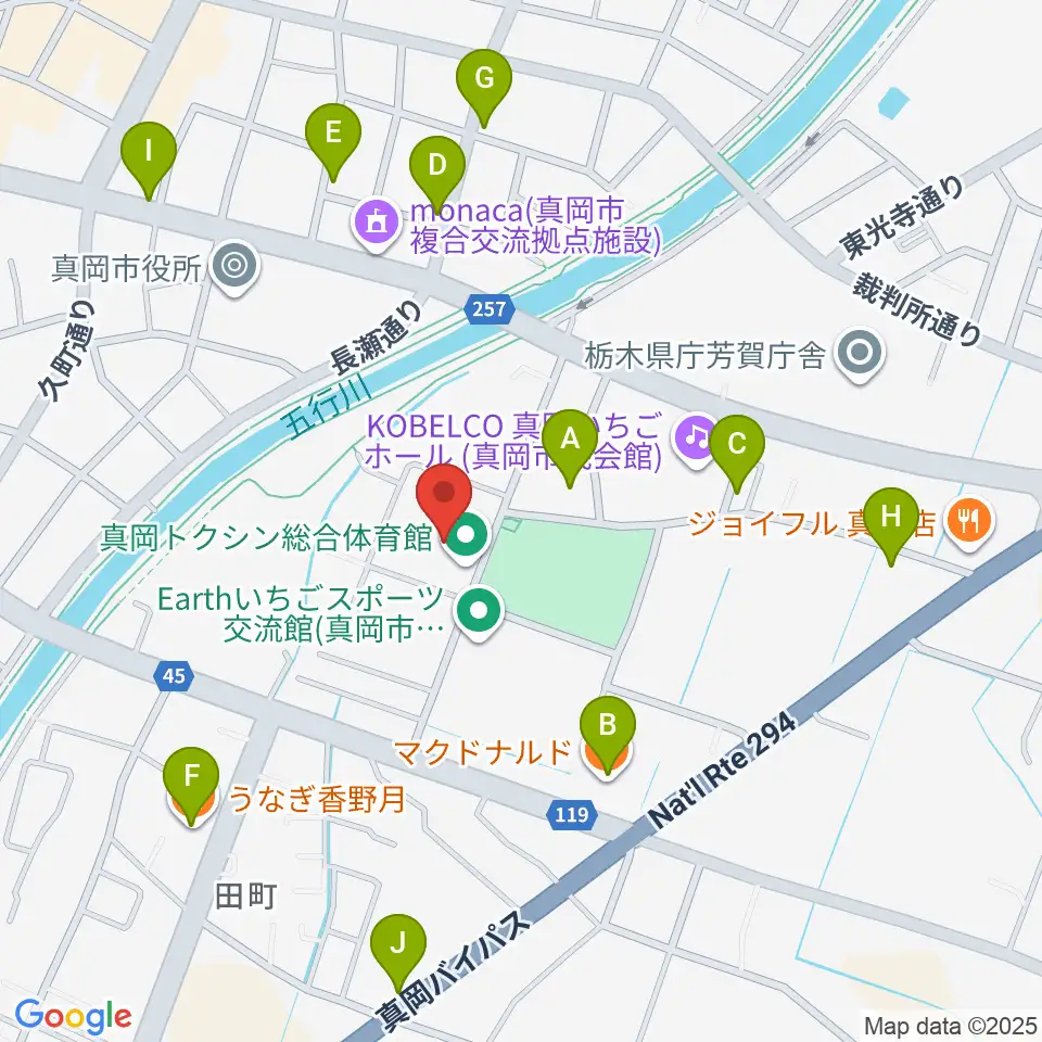 真岡トクシン総合体育館周辺のファミレス・ファーストフード一覧地図