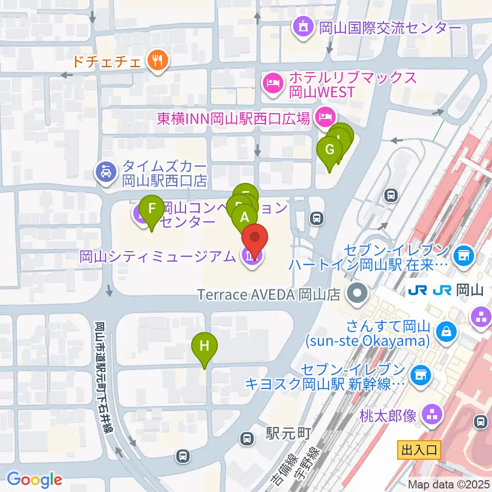 岡山シティミュージアム周辺のファミレス・ファーストフード一覧地図