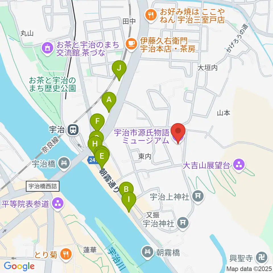 宇治市源氏物語ミュージアム周辺のファミレス・ファーストフード一覧地図