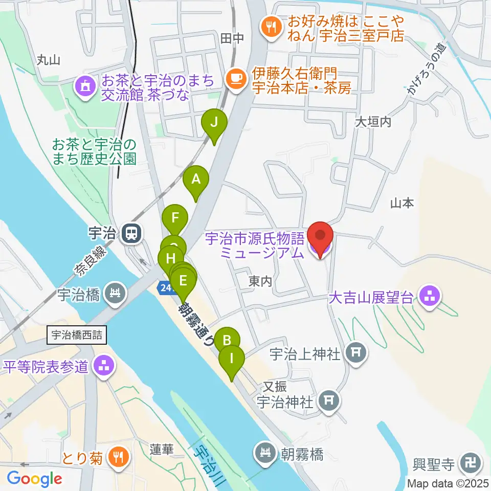 宇治市源氏物語ミュージアム周辺のファミレス・ファーストフード一覧地図