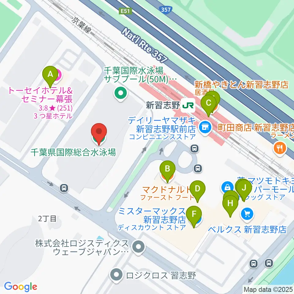 千葉県国際総合水泳場周辺のファミレス・ファーストフード一覧地図