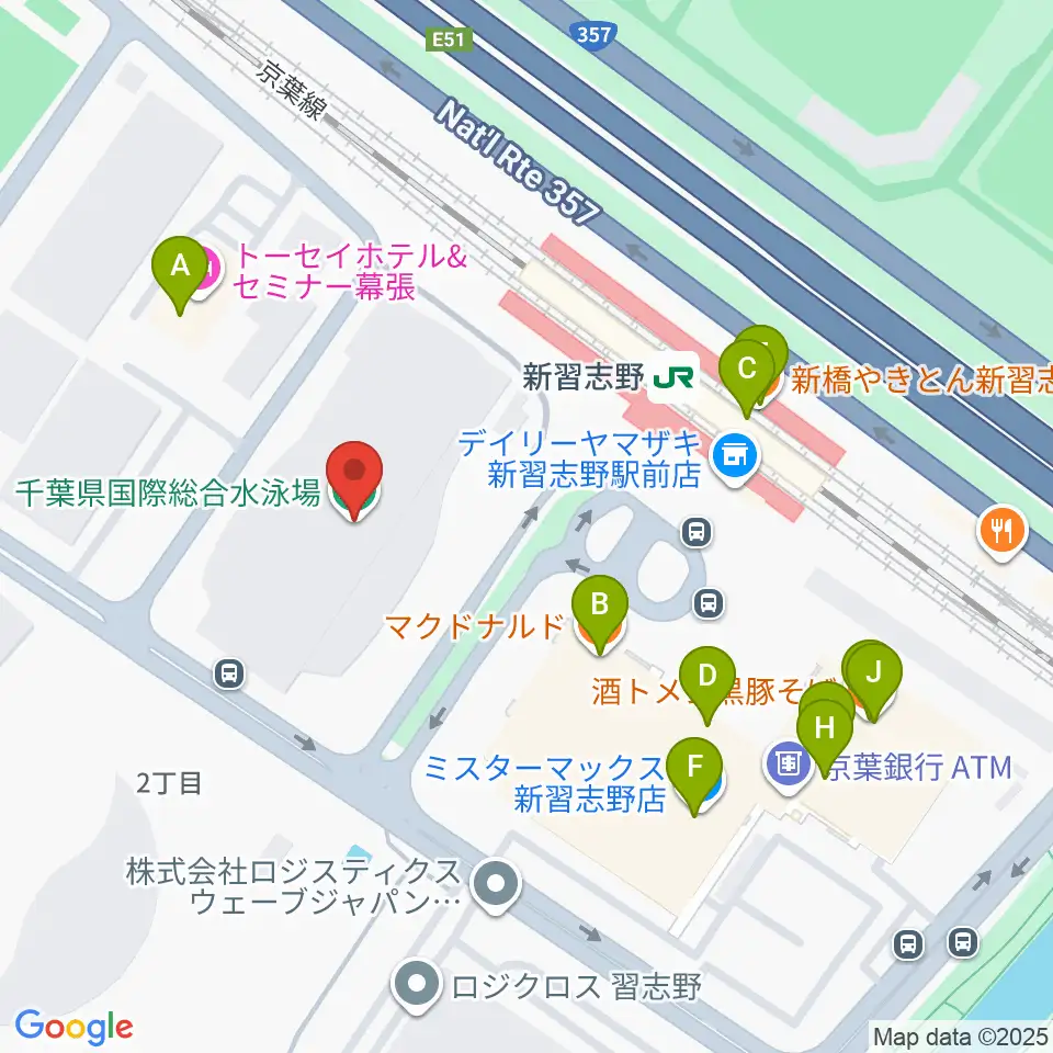 千葉県国際総合水泳場周辺のファミレス・ファーストフード一覧地図