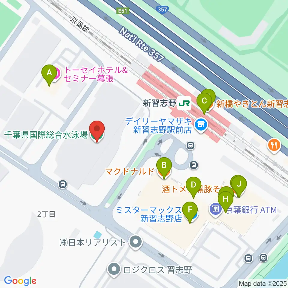 千葉県国際総合水泳場周辺のファミレス・ファーストフード一覧地図