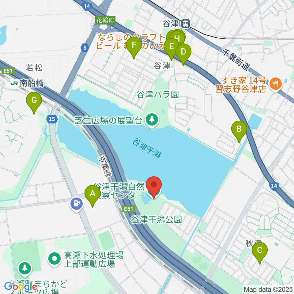 谷津干潟自然観察センター周辺のファミレス・ファーストフード一覧地図
