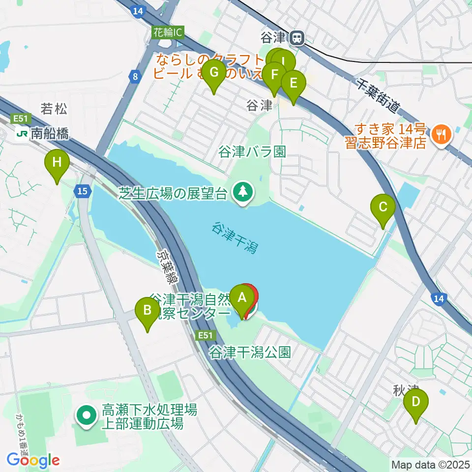 谷津干潟自然観察センター周辺のファミレス・ファーストフード一覧地図