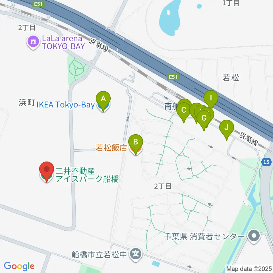 三井不動産アイスパーク船橋周辺のファミレス・ファーストフード一覧地図