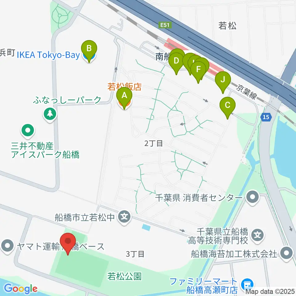 若松公園野球場周辺のファミレス・ファーストフード一覧地図