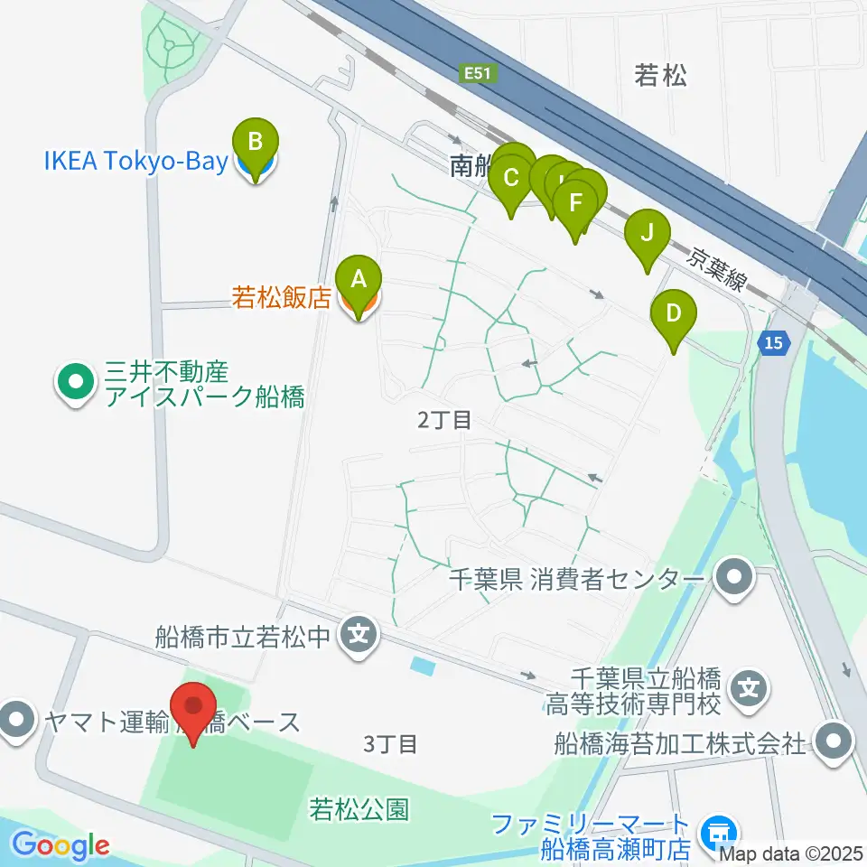 若松公園野球場周辺のファミレス・ファーストフード一覧地図