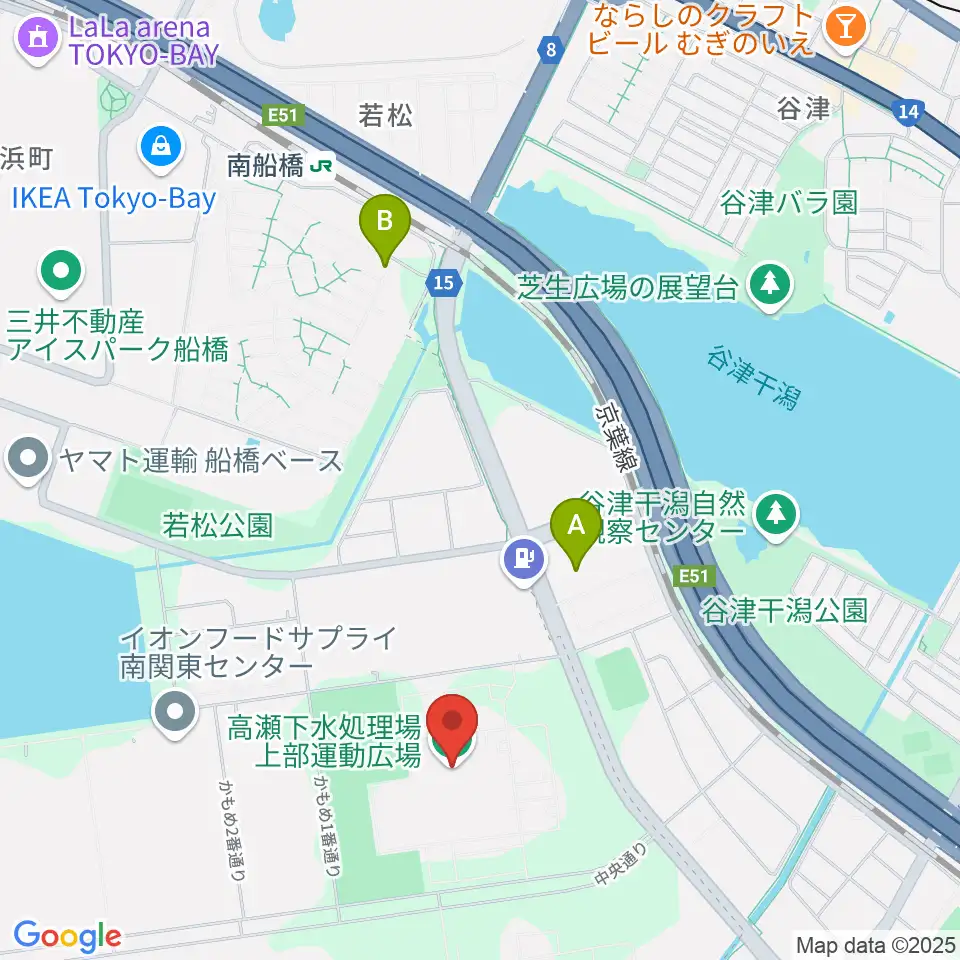 高瀬下水処理場上部運動広場周辺のファミレス・ファーストフード一覧地図