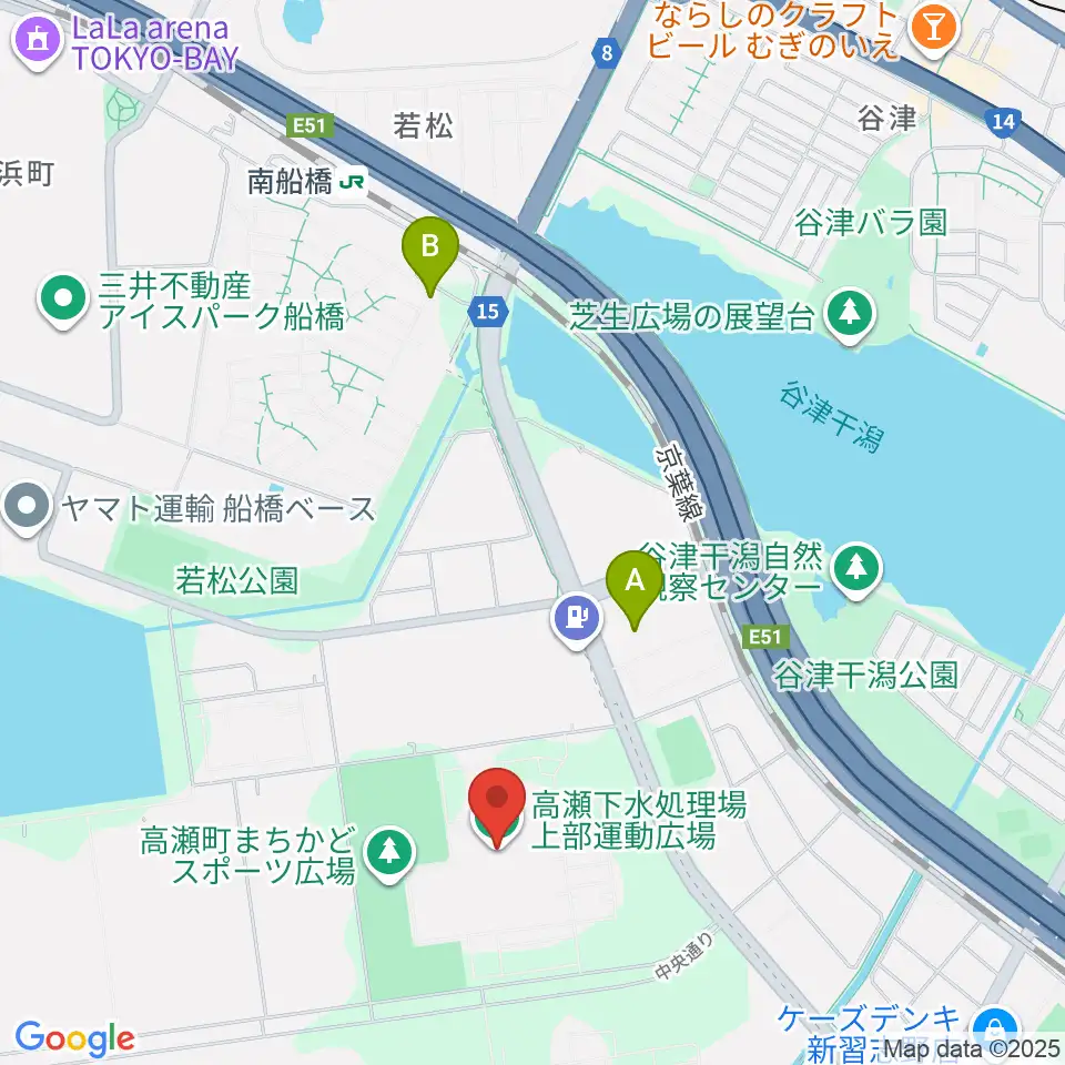 高瀬下水処理場上部運動広場周辺のファミレス・ファーストフード一覧地図