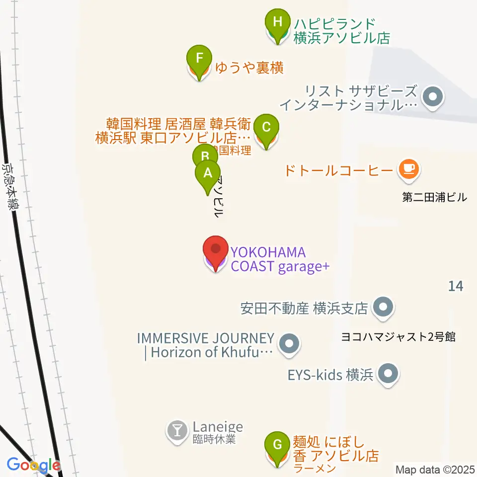 YOKOHAMA COAST garage+周辺のファミレス・ファーストフード一覧地図