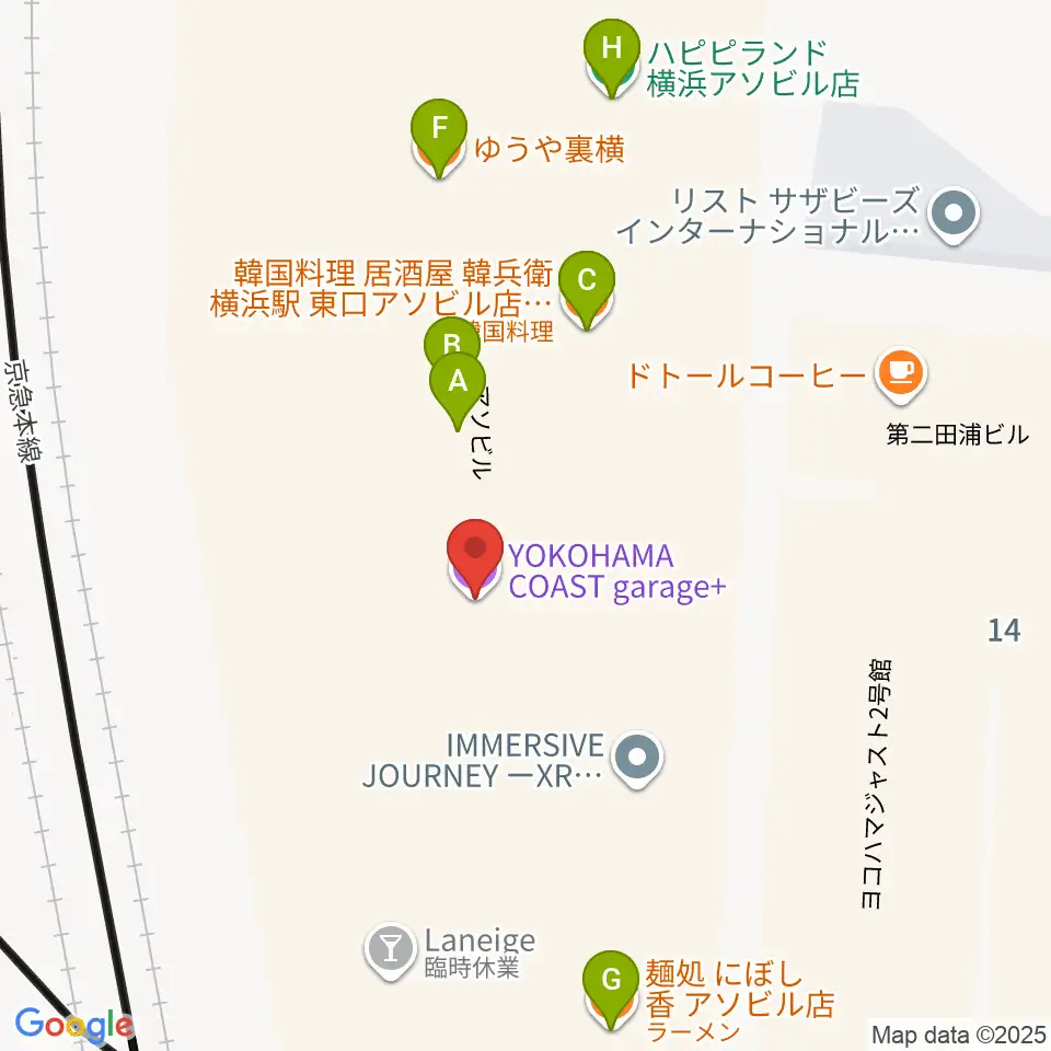 YOKOHAMA COAST garage+周辺のファミレス・ファーストフード一覧地図