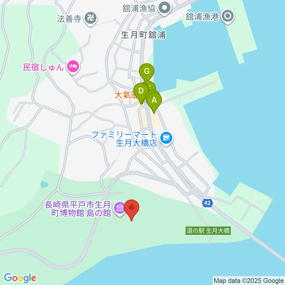 平戸市生月町博物館・島の館周辺のファミレス・ファーストフード一覧地図
