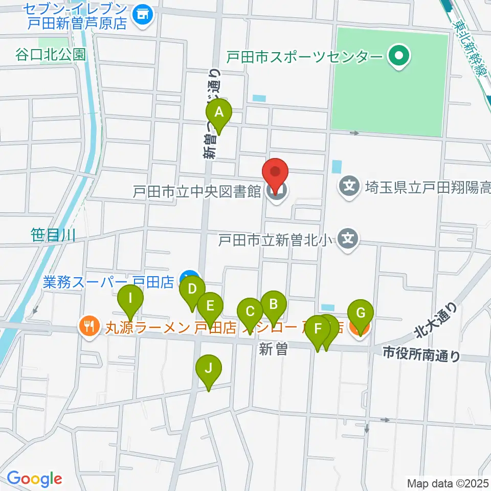 戸田市立郷土博物館周辺のファミレス・ファーストフード一覧地図
