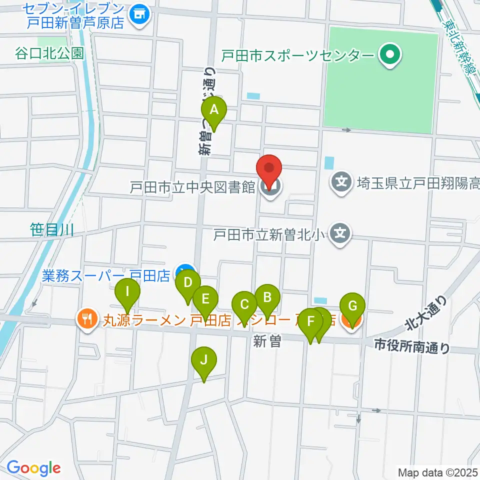 戸田市立郷土博物館周辺のファミレス・ファーストフード一覧地図