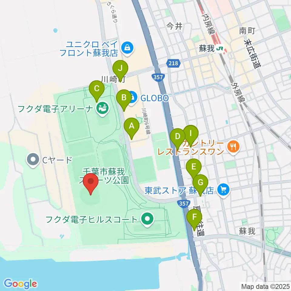 フクダ電子スタジアム周辺のファミレス・ファーストフード一覧地図