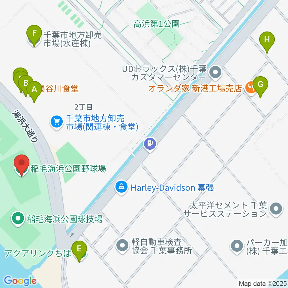 稲毛海浜公園野球場周辺のファミレス・ファーストフード一覧地図