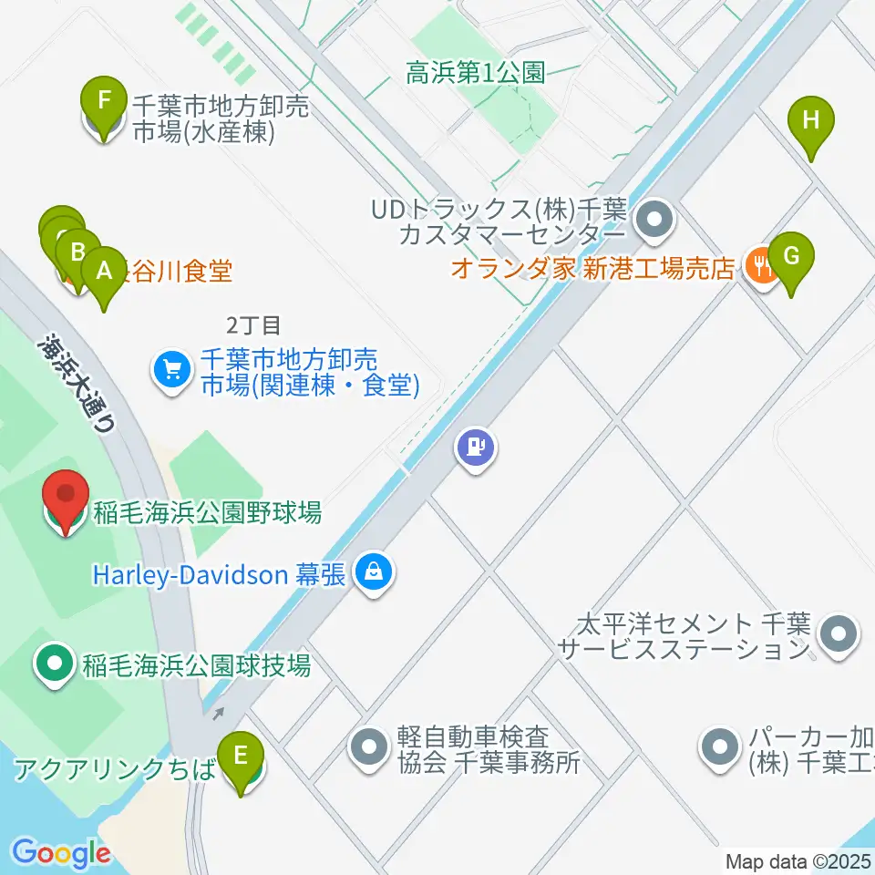 稲毛海浜公園野球場周辺のファミレス・ファーストフード一覧地図