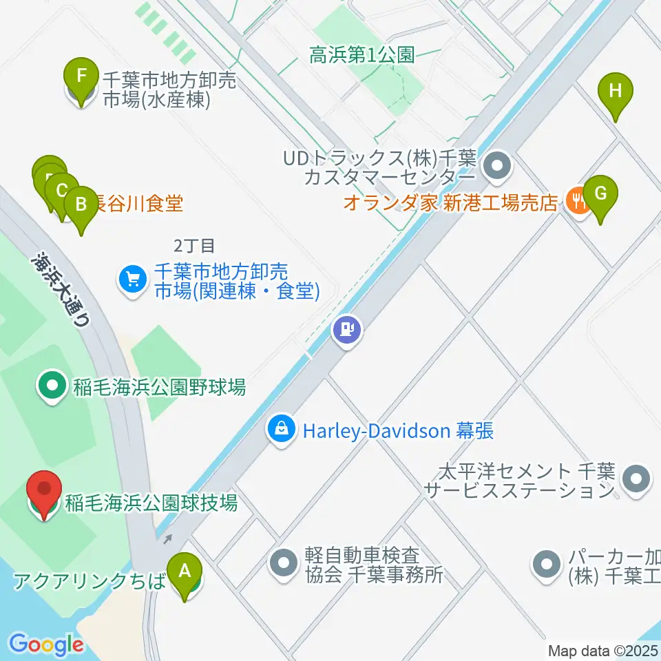 稲毛海浜公園球技場周辺のファミレス・ファーストフード一覧地図