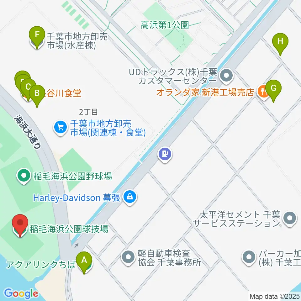 稲毛海浜公園球技場周辺のファミレス・ファーストフード一覧地図