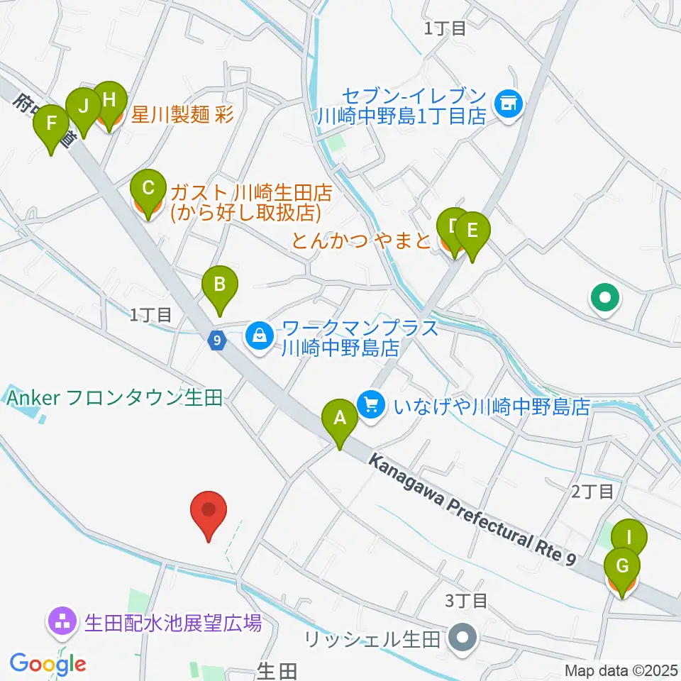 生田多目的広場周辺のファミレス・ファーストフード一覧地図