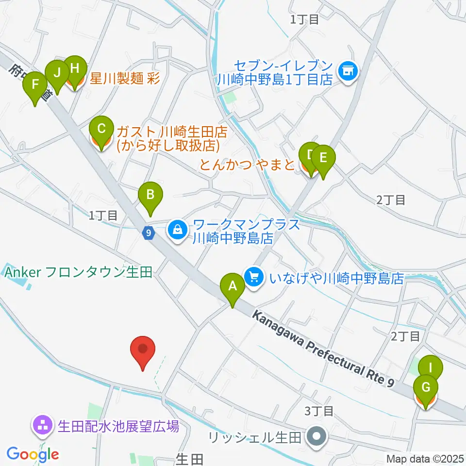 生田多目的広場周辺のファミレス・ファーストフード一覧地図