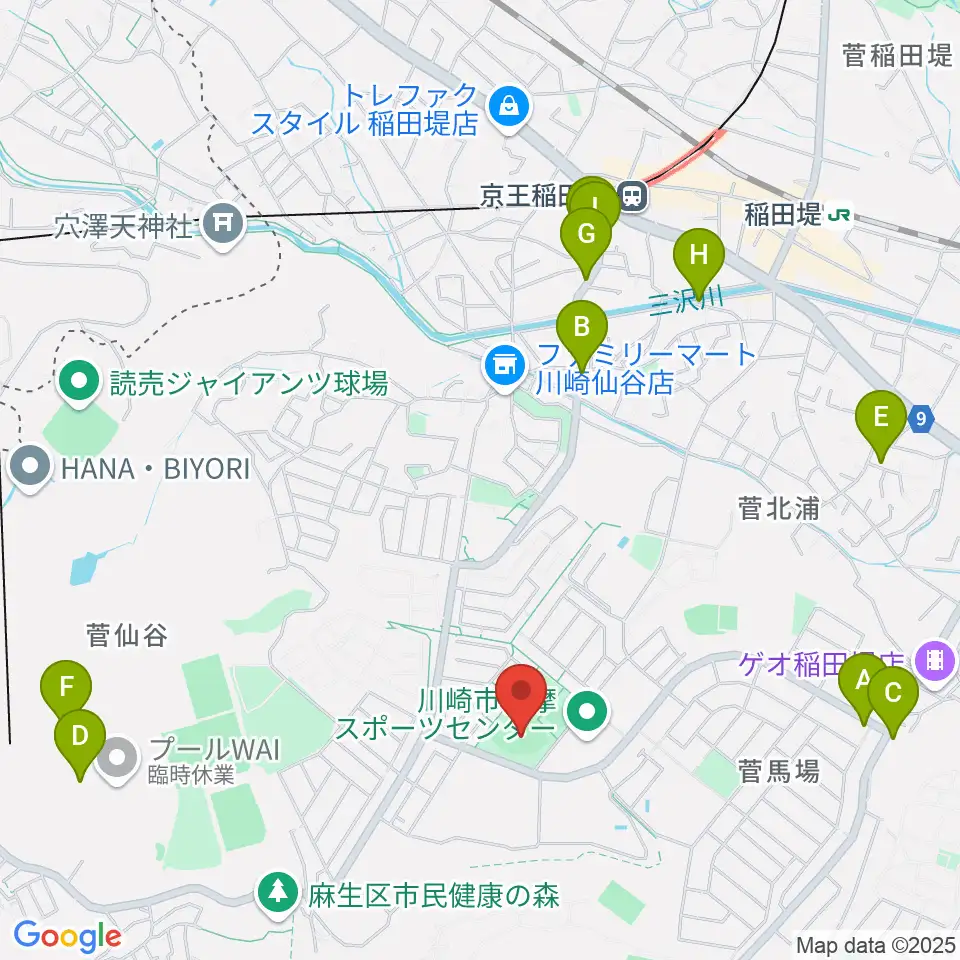 川崎市多摩スポーツセンター野球場周辺のファミレス・ファーストフード一覧地図