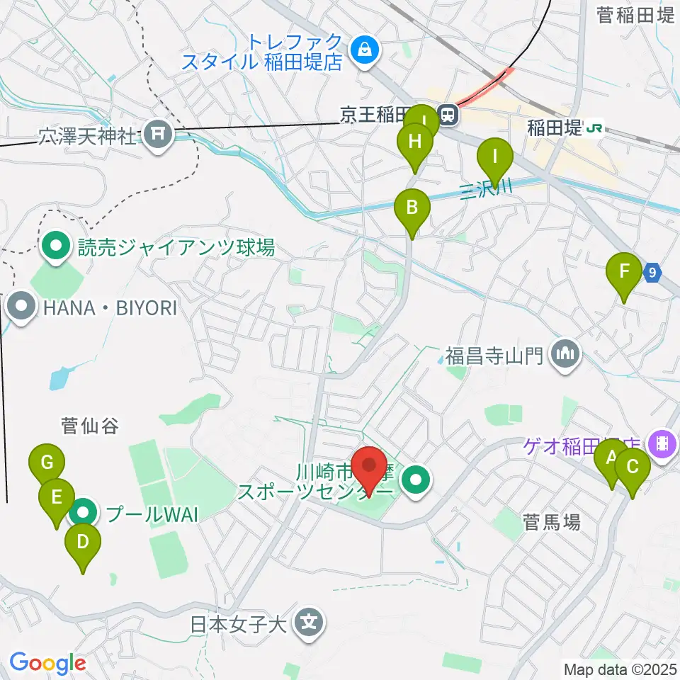 川崎市多摩スポーツセンター野球場周辺のファミレス・ファーストフード一覧地図