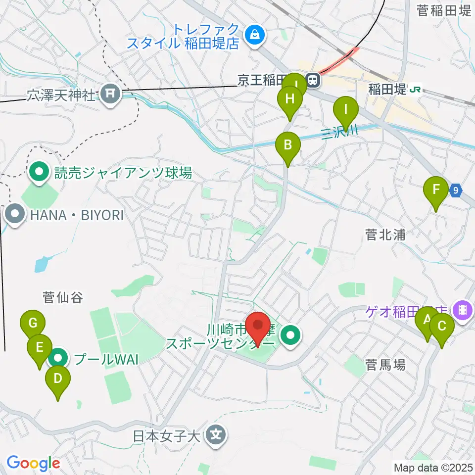 川崎市多摩スポーツセンター野球場周辺のファミレス・ファーストフード一覧地図