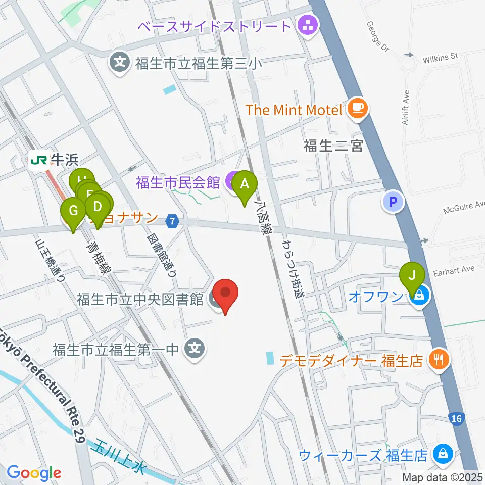 福生市郷土資料室周辺のファミレス・ファーストフード一覧地図