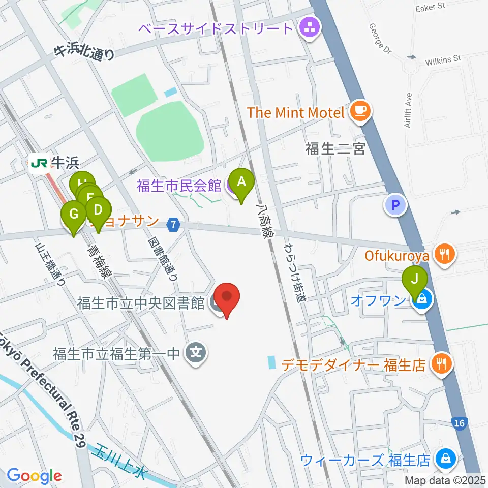 福生市郷土資料室周辺のファミレス・ファーストフード一覧地図