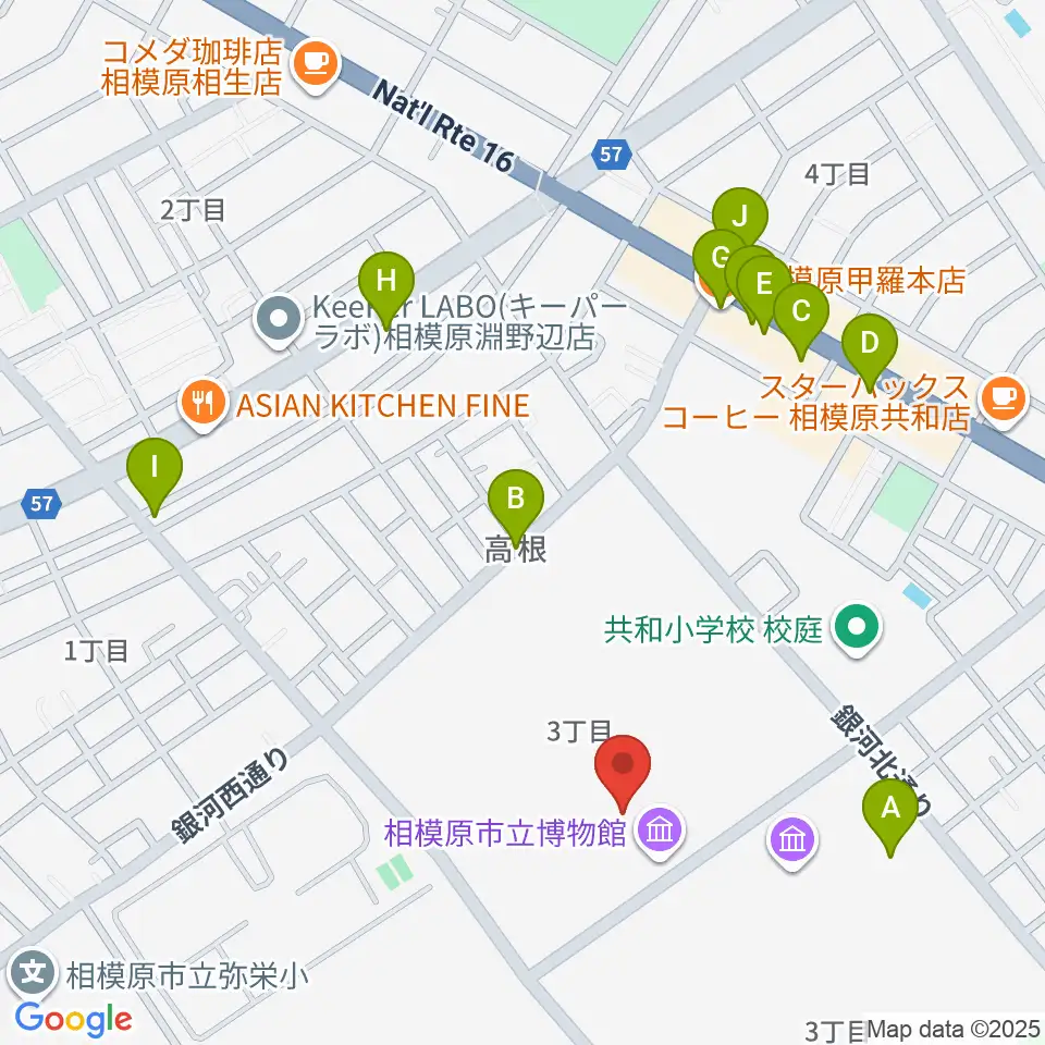相模原市立博物館周辺のファミレス・ファーストフード一覧地図