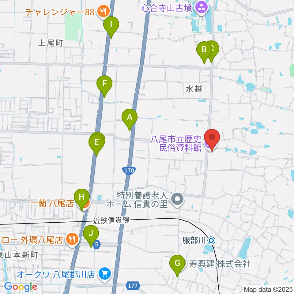 八尾市立歴史民俗資料館周辺のファミレス・ファーストフード一覧地図