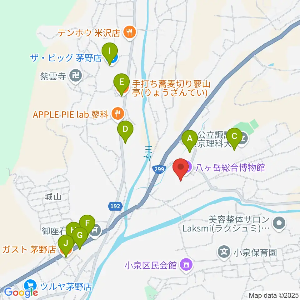 茅野市八ヶ岳総合博物館周辺のファミレス・ファーストフード一覧地図