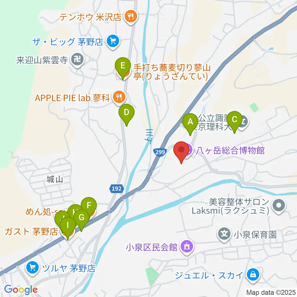茅野市八ヶ岳総合博物館周辺のファミレス・ファーストフード一覧地図