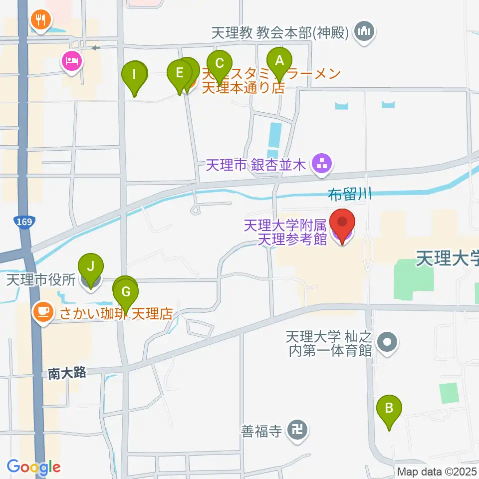 天理大学附属天理参考館周辺のファミレス・ファーストフード一覧地図