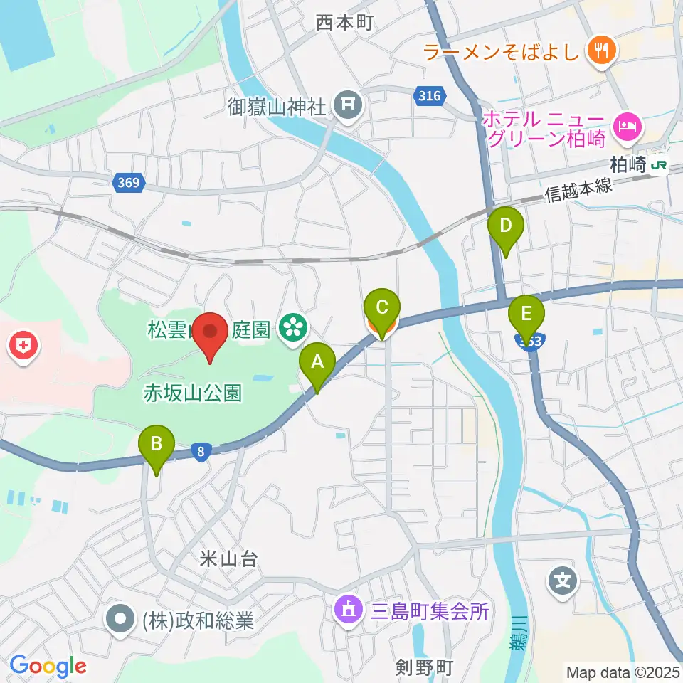 柏崎市立博物館周辺のファミレス・ファーストフード一覧地図