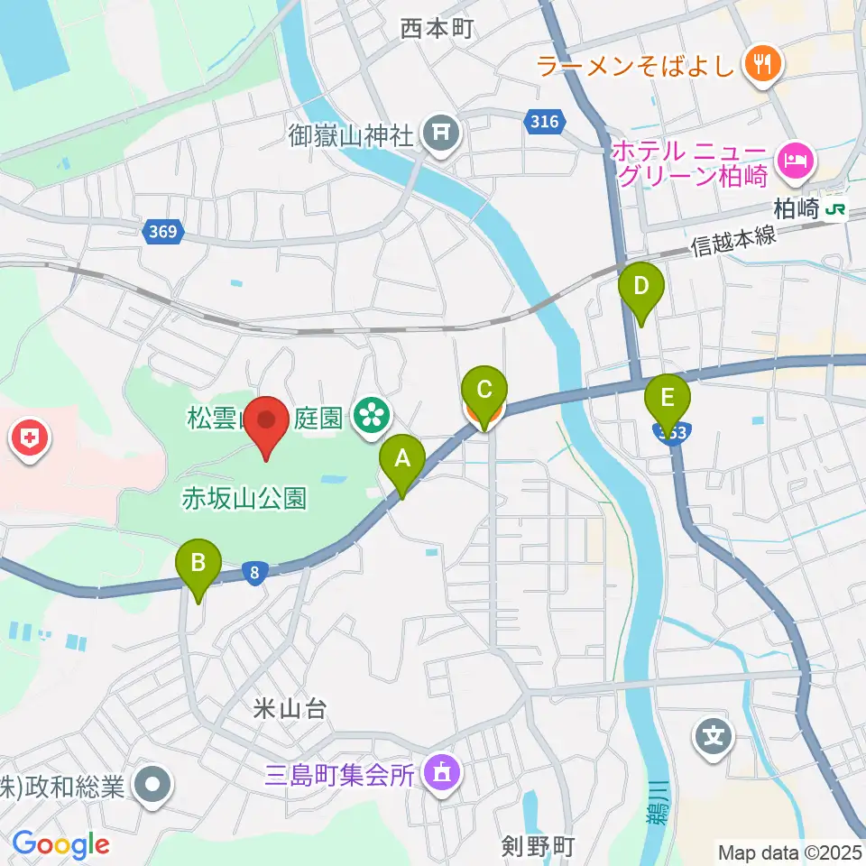 柏崎市立博物館周辺のファミレス・ファーストフード一覧地図