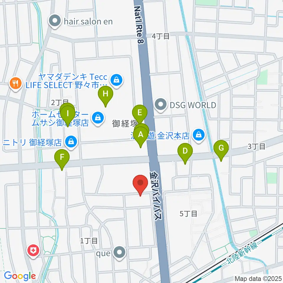 野々市市ふるさと歴史館周辺のファミレス・ファーストフード一覧地図