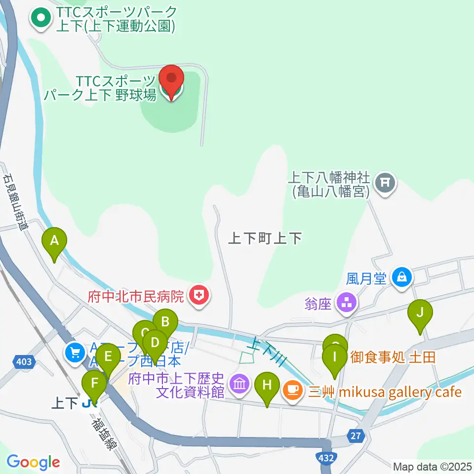 TTCスポーツパーク上下野球場周辺のファミレス・ファーストフード一覧地図