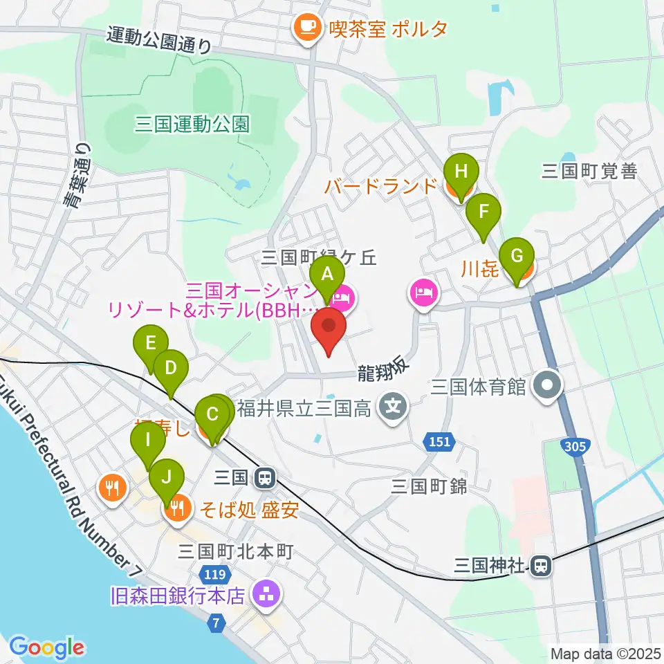 坂井市龍翔博物館周辺のファミレス・ファーストフード一覧地図