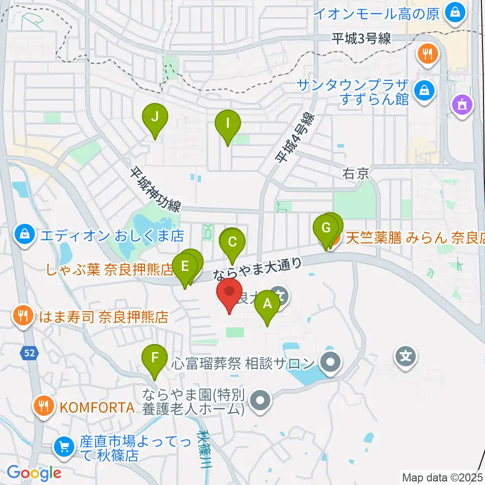 奈良大学博物館周辺のファミレス・ファーストフード一覧地図