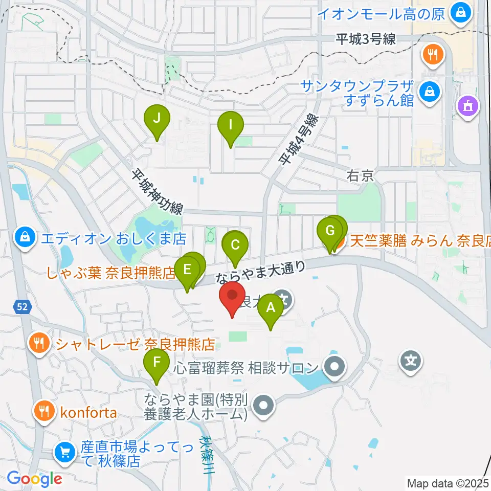 奈良大学博物館周辺のファミレス・ファーストフード一覧地図