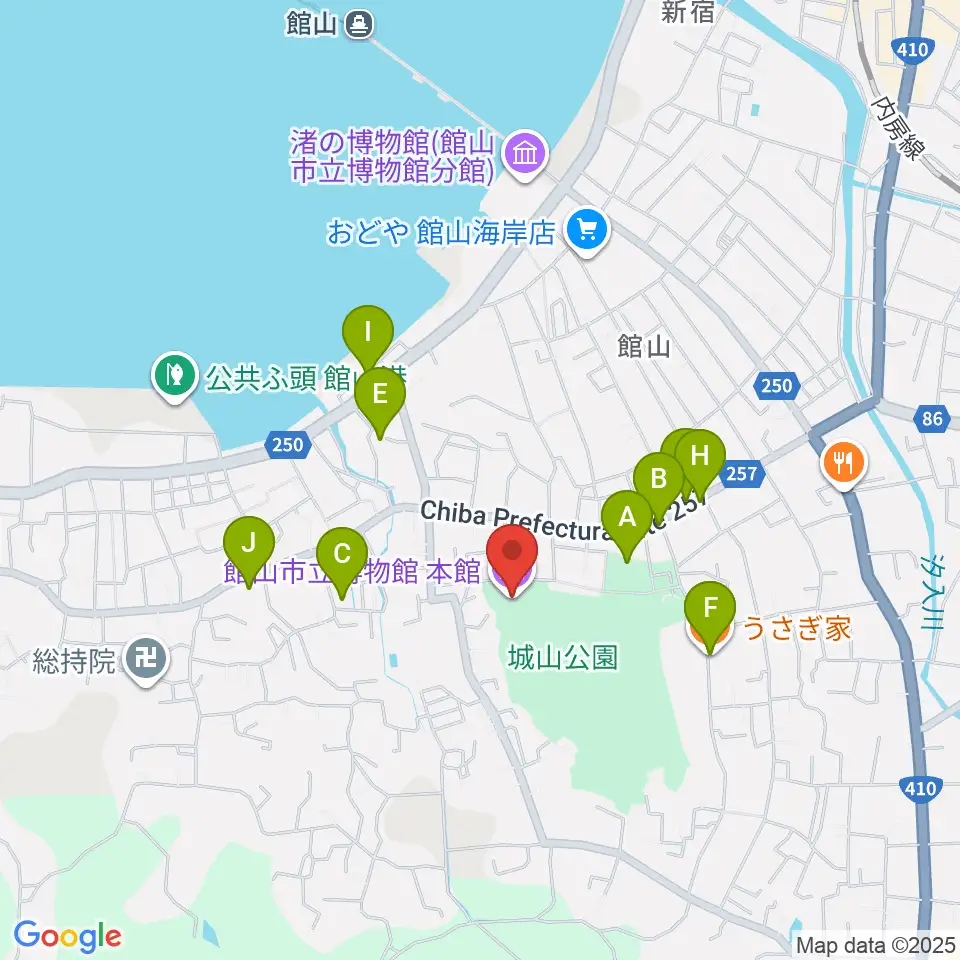 館山市立博物館本館周辺のファミレス・ファーストフード一覧地図