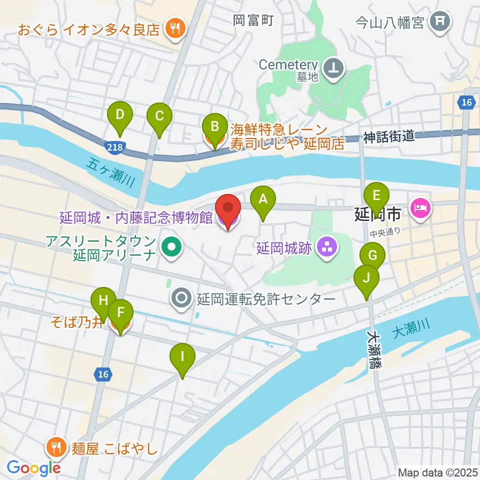 延岡城・内藤記念博物館周辺のファミレス・ファーストフード一覧地図