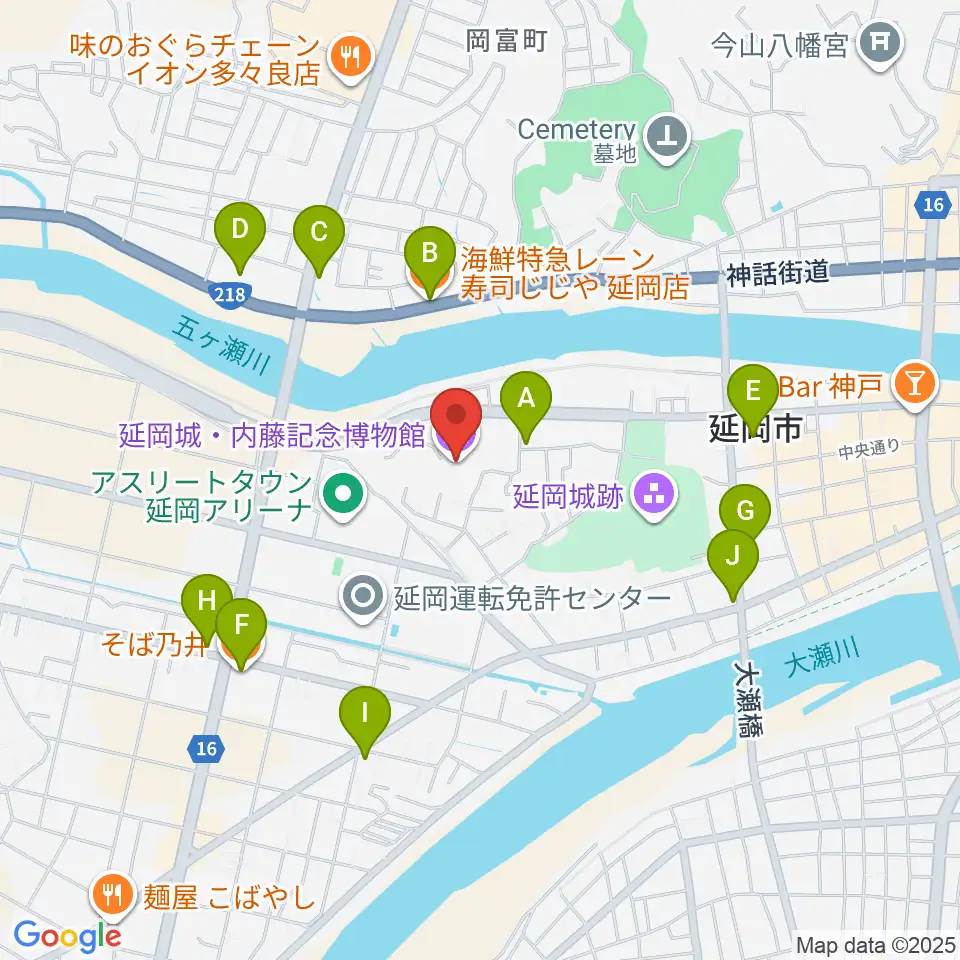 延岡城・内藤記念博物館周辺のファミレス・ファーストフード一覧地図