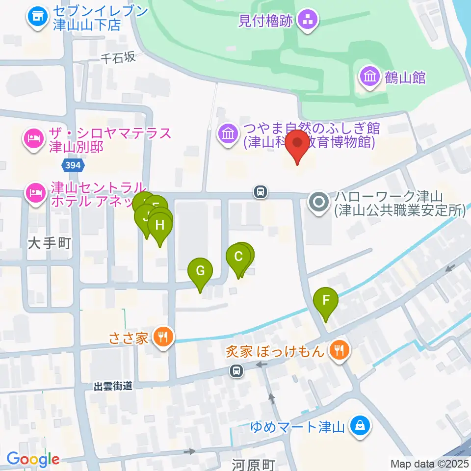 津山郷土博物館周辺のファミレス・ファーストフード一覧地図